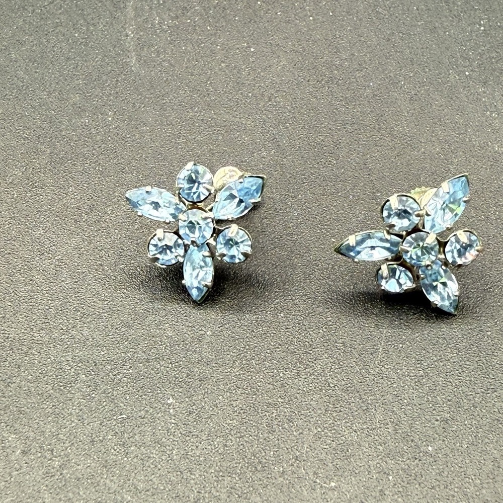 Vintage Blue Rhinestone Clip On Earrings Costume Jewelry Made in Austria